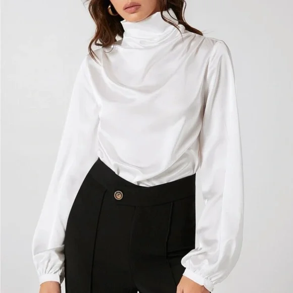 White Stand Mock Neck Satin Blouse Top Sz S, M, L, & XL New - Picture 1 of 6